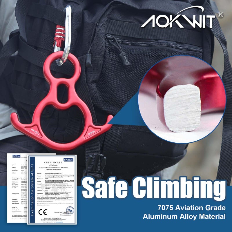 AOKWIT 50KN Rescue Figure  8 Descender Large Bent-Ear Belaying and Rappelling Gear Belay Device Climbing for Rock Climbing Peak Rescue 7075 Aluminum Alloy (Red) - Image 2